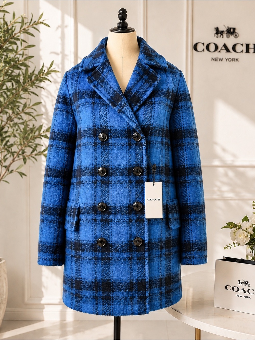 COACH Wool Black & Blue Plaid Double Breast Peacoat Coat New with tags